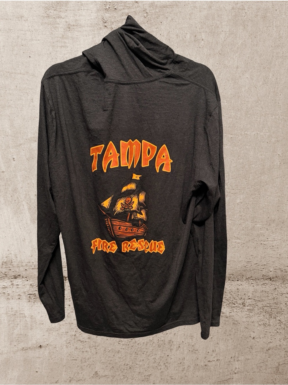 District Black Long-Sleeve Hooded Tee with Orange Badge